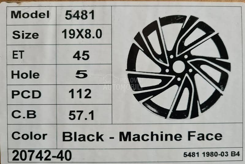 Aluminijumske felne replica volkswagen 19" 5 x 112