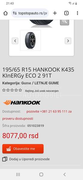 Hankook 195/65 R15 Letnja