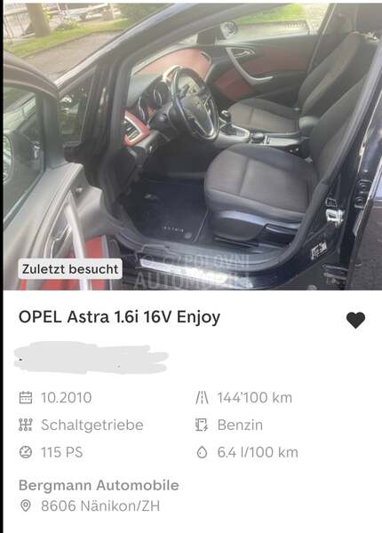 Opel Astra J 1.6 8.5k.w CH
