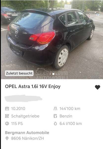 Opel Astra J 1.6 8.5k.w CH