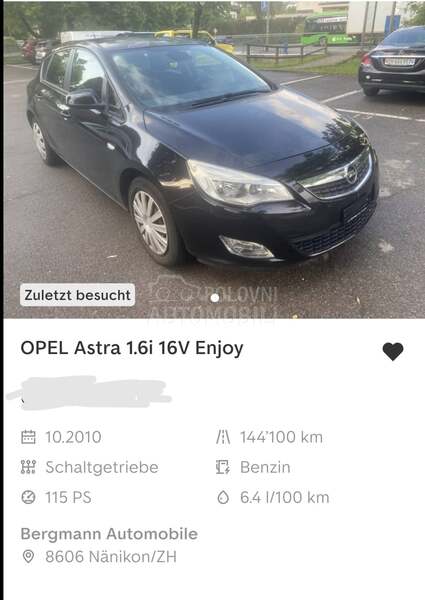 Opel Astra J 1.6 8.5k.w CH