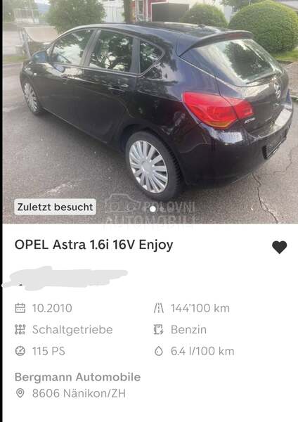 Opel Astra J 1.6 8.5k.w CH