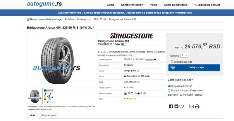 Bridgestone 225/60 R18 Letnja