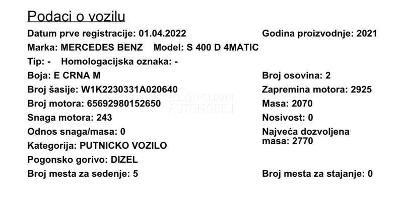 Mercedes Benz S 400 Rata 1190ex60m