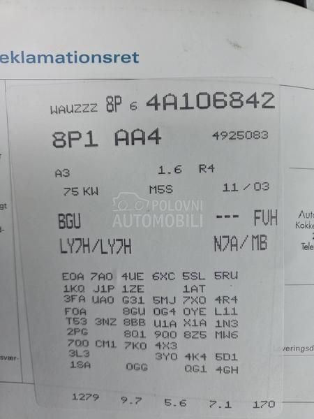 Delovi za Audi A3 1.6B 2004. god.